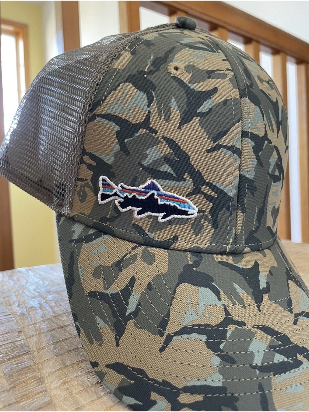 Patagonia Camo Trucker Hat with Fish Patch - Green/Tan
